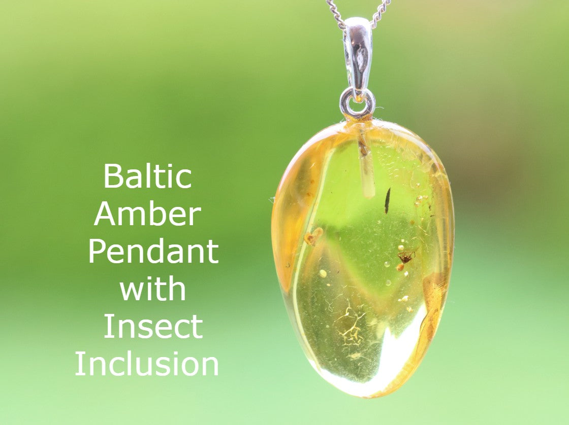 Golden Amber Pendant with Insect on Sterling Silver