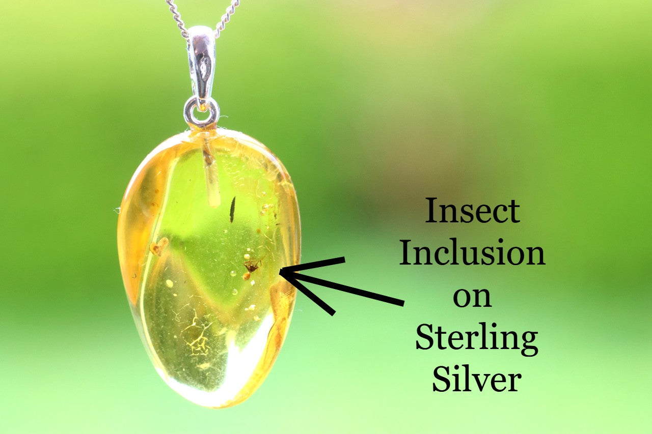 Golden Amber Pendant with Insect on Sterling Silver