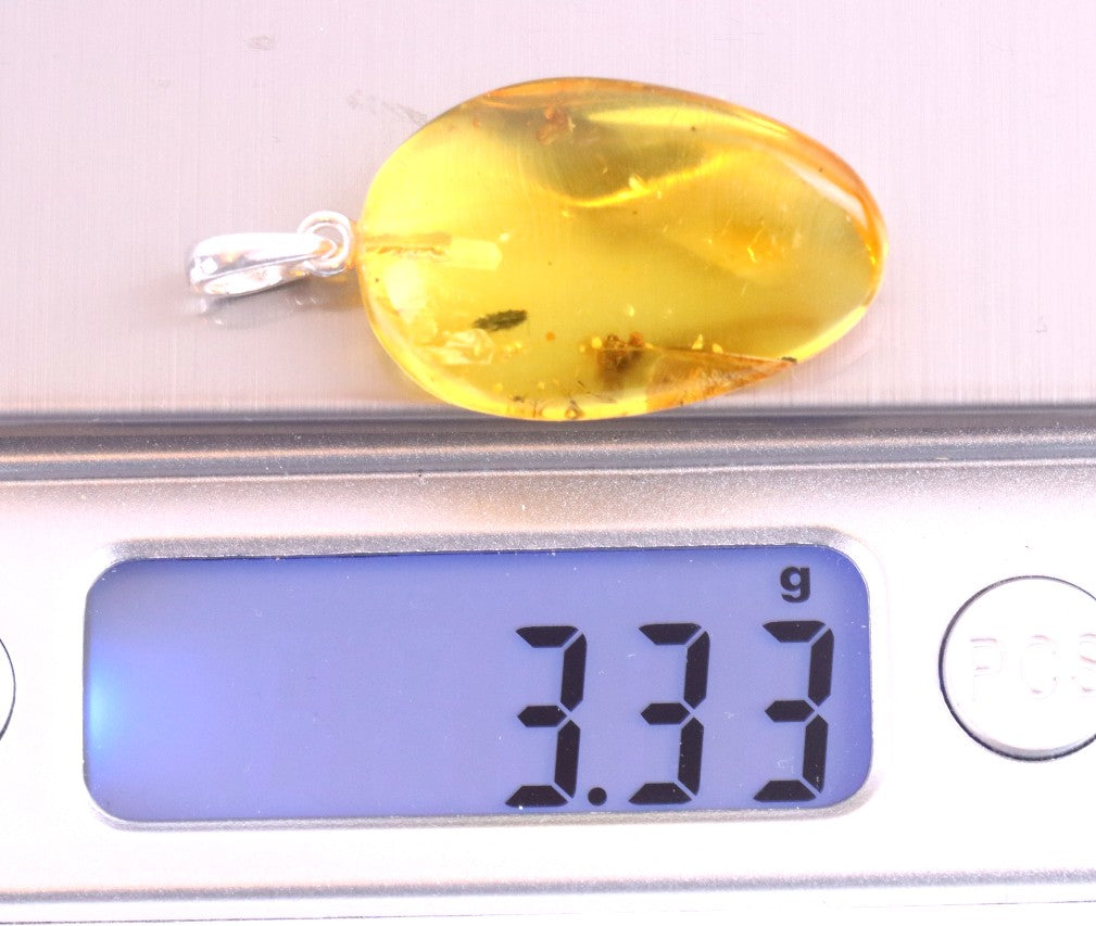 Golden Amber Pendant with Insect on Sterling Silver