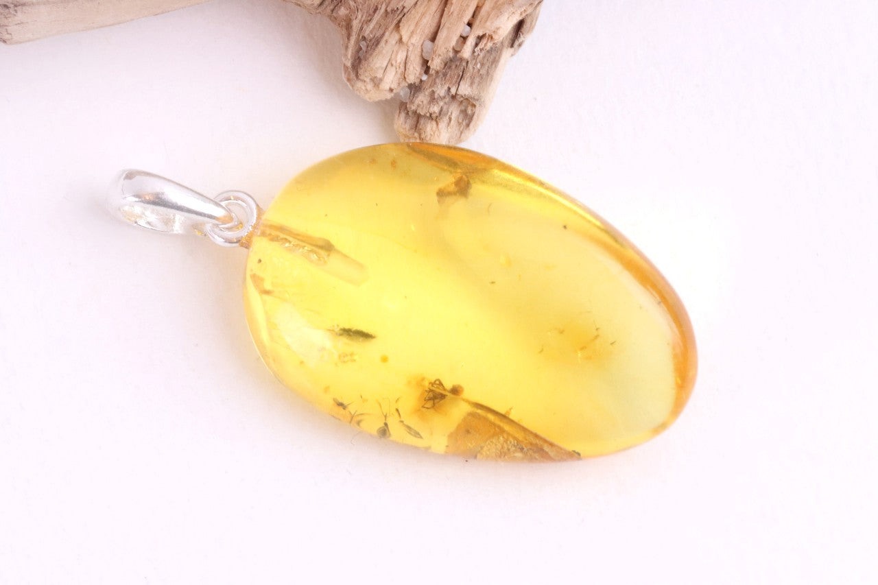 Golden Amber Pendant with Insect on Sterling Silver
