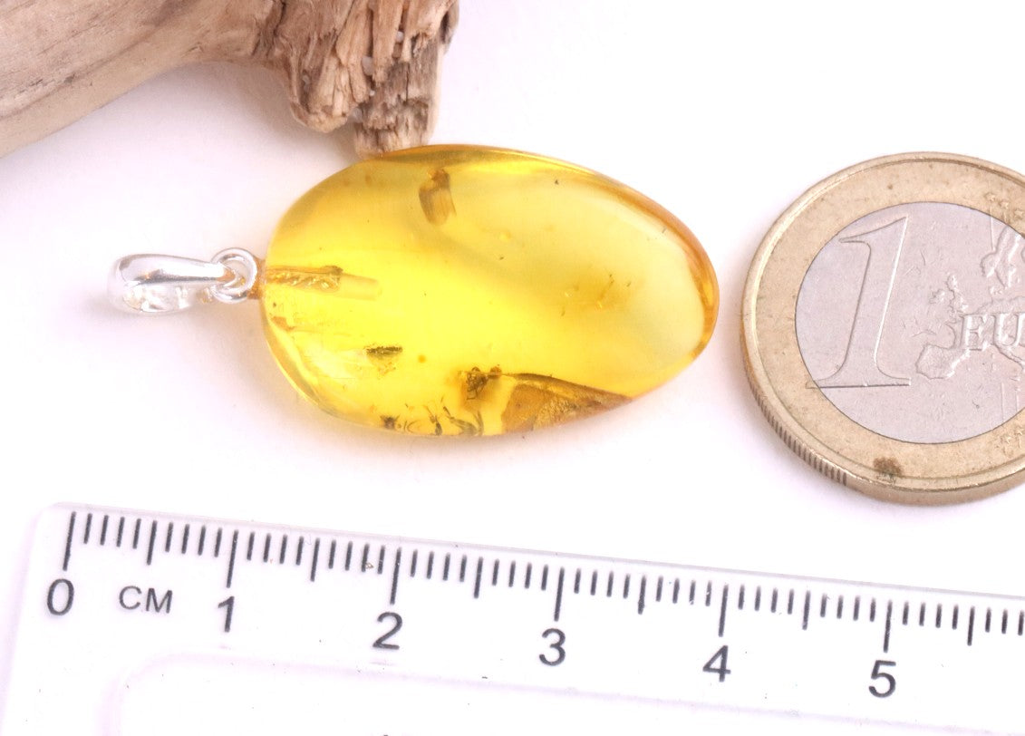 Golden Amber Pendant with Insect on Sterling Silver