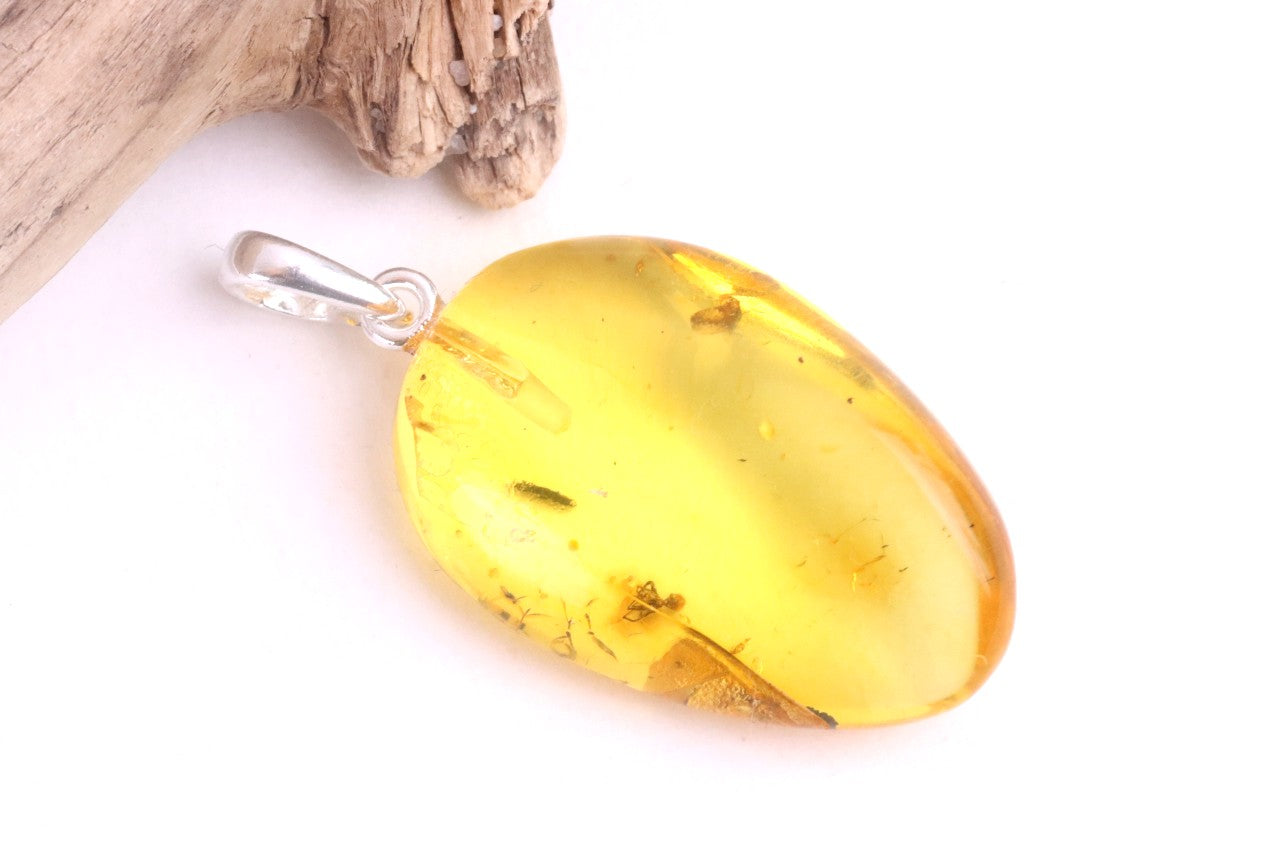 Golden Amber Pendant with Insect on Sterling Silver