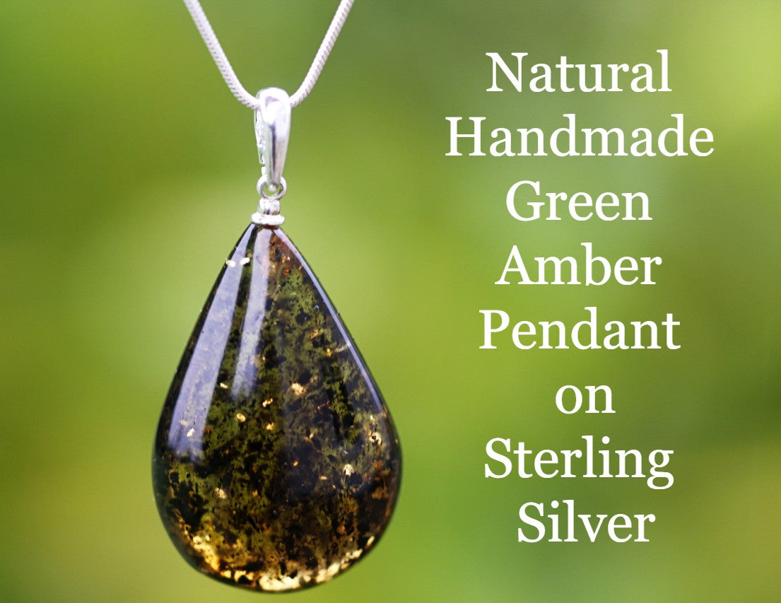 Natural Handmade Green Amber Pendant on Sterling Silver