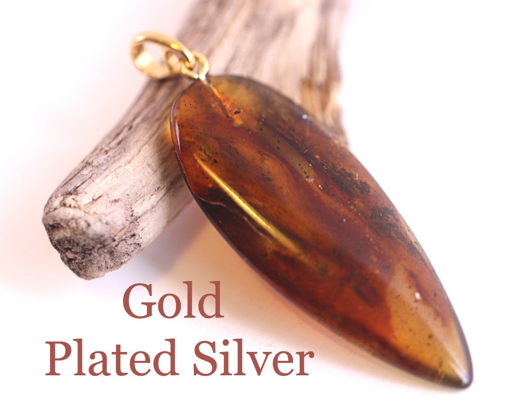 Handmade Natural Baltic Amber Gemstone Pendant on Gold Plated Silver