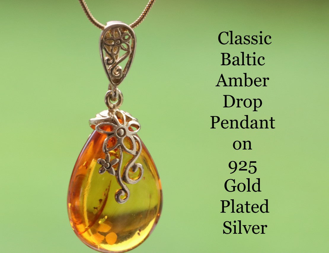 Classic Baltic Amber Drop Pendant on 925 Gold Plated Silver