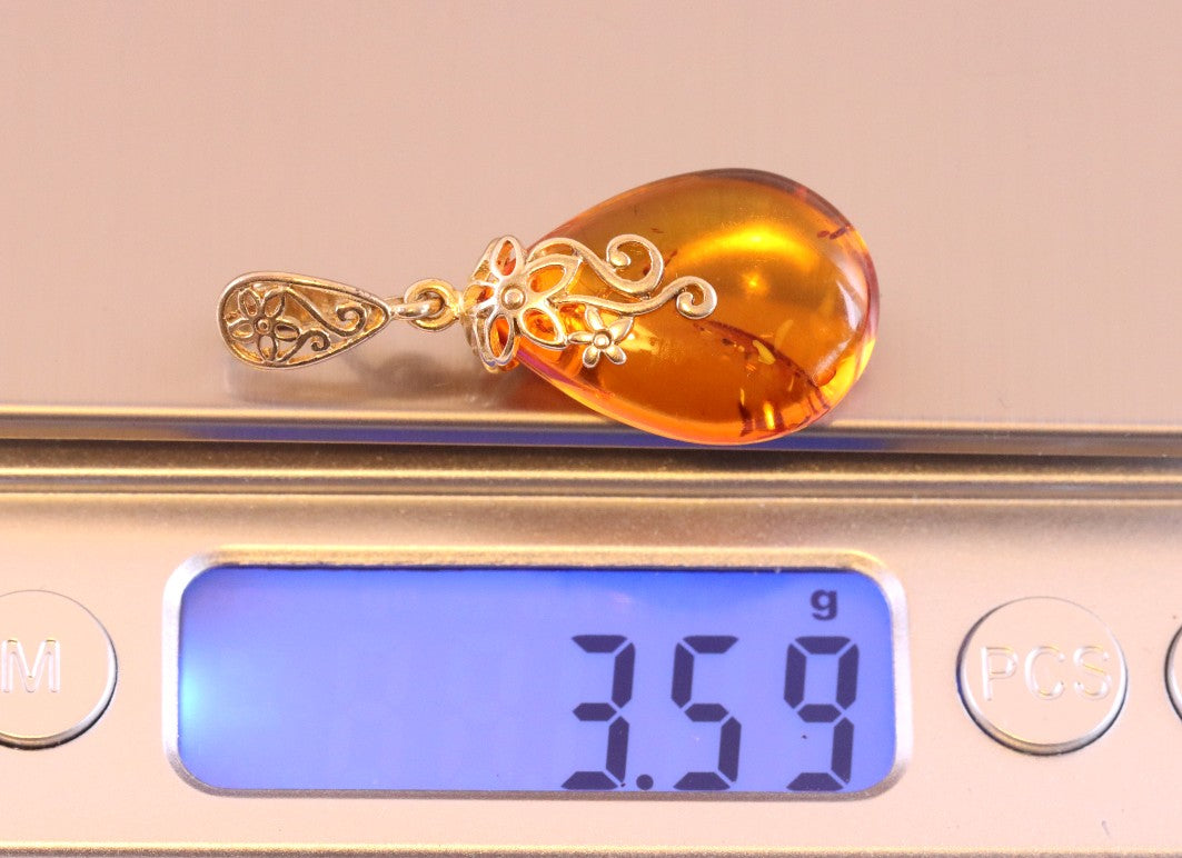 Classic Baltic Amber Drop Pendant on 925 Gold Plated Silver