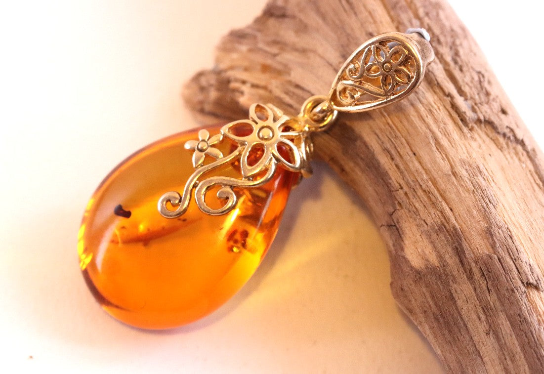 Classic Baltic Amber Drop Pendant on 925 Gold Plated Silver