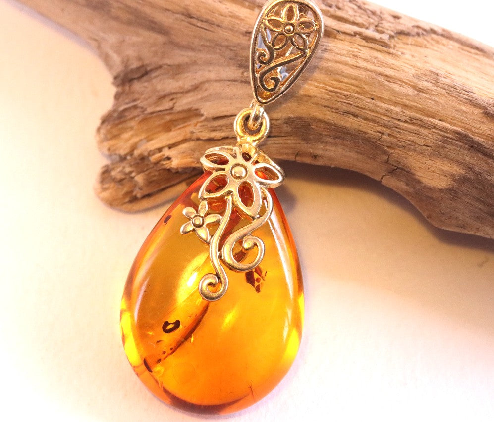 Classic Baltic Amber Drop Pendant on 925 Gold Plated Silver