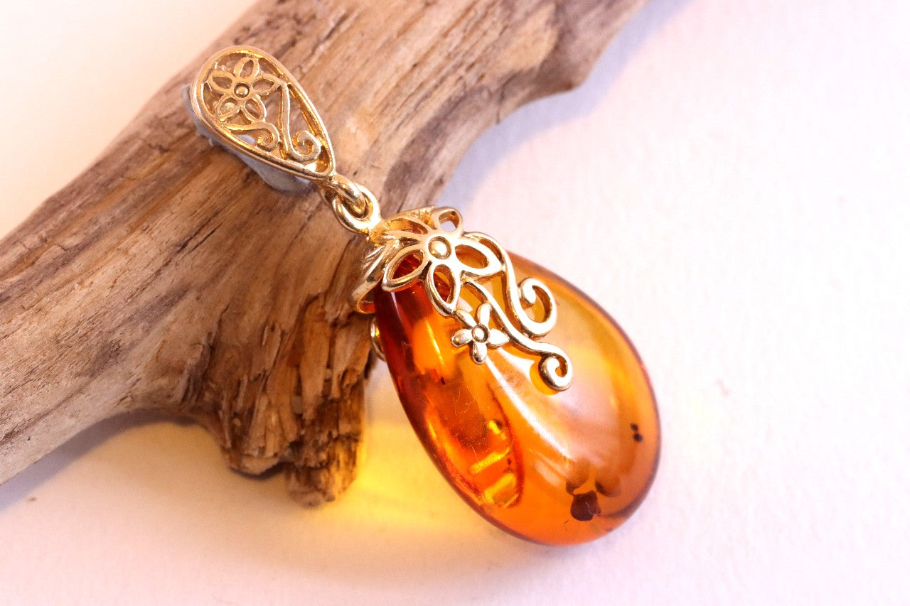 Classic Baltic Amber Drop Pendant on 925 Gold Plated Silver