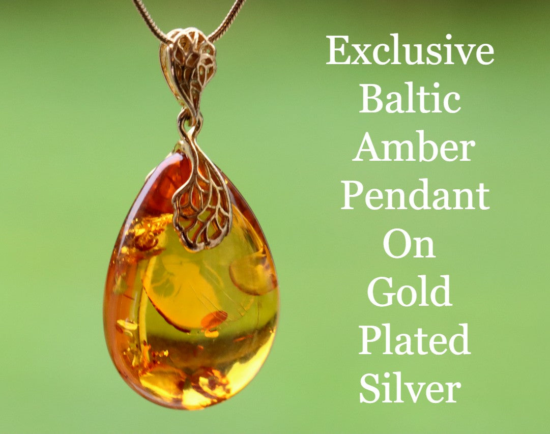 Classic Baltic Amber Drop Pendant on 925 Gold Plated Silver