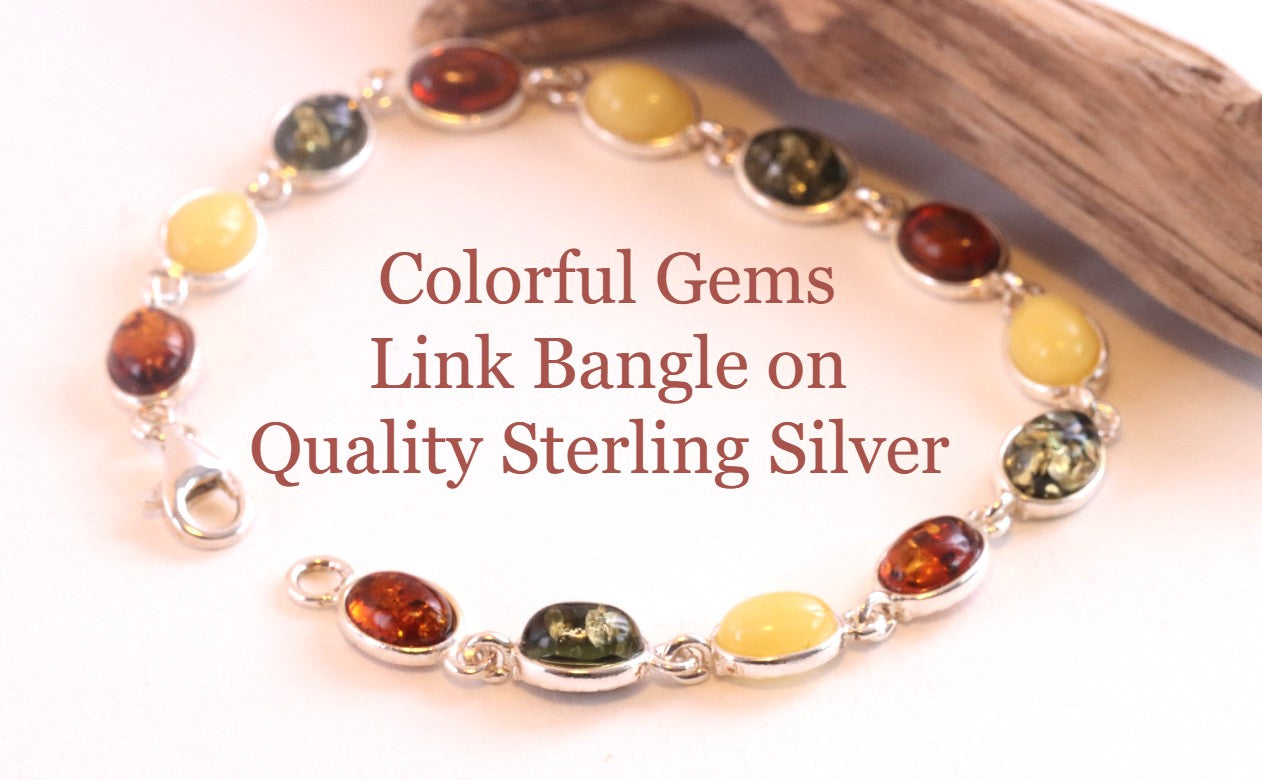 Link Bangle on Quality 925 Sterling Silver and Amber Gemstone