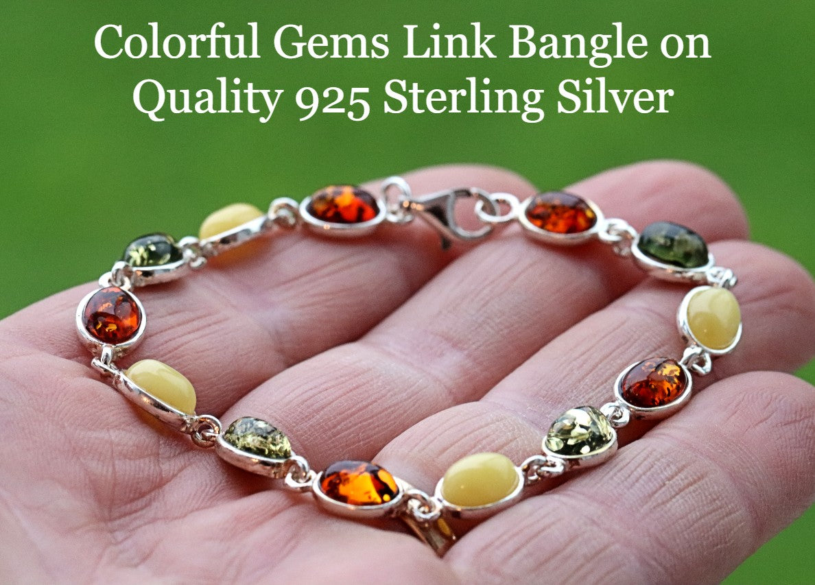 Link Bangle on Quality 925 Sterling Silver and Amber Gemstone