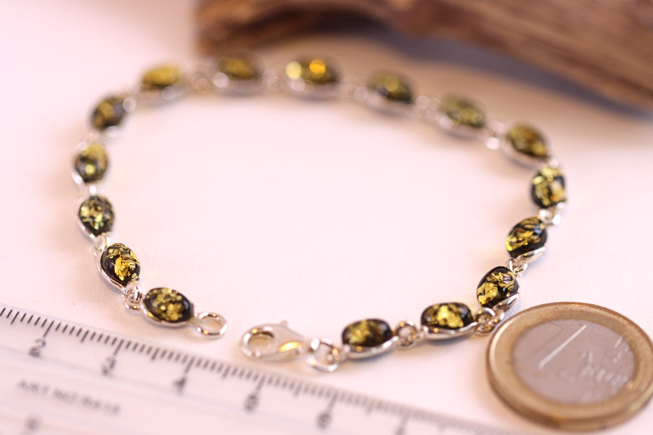 Green Baltic Amber Silver Link Bracelet.