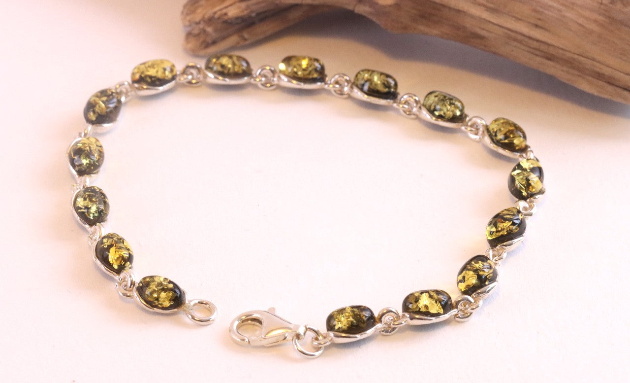 Green Baltic Amber Silver Link Bracelet.