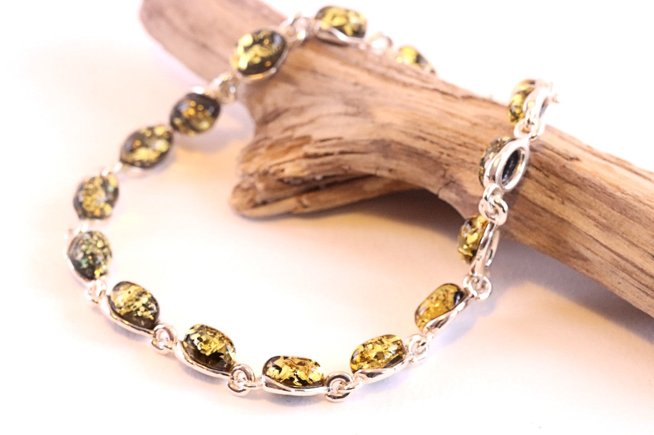 Green Baltic Amber Silver Link Bracelet.