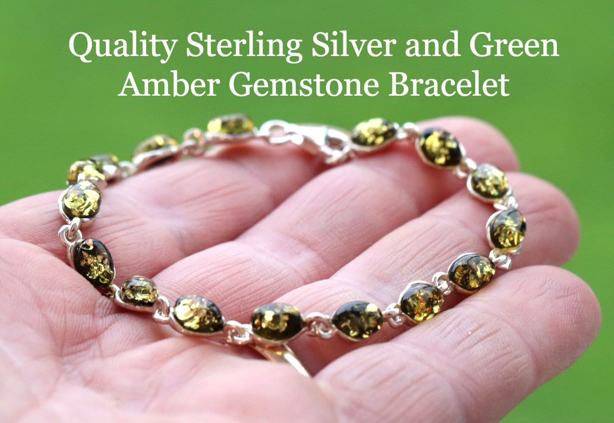 Quality Sterling Silver and Green Amber Gemstone Bracelet