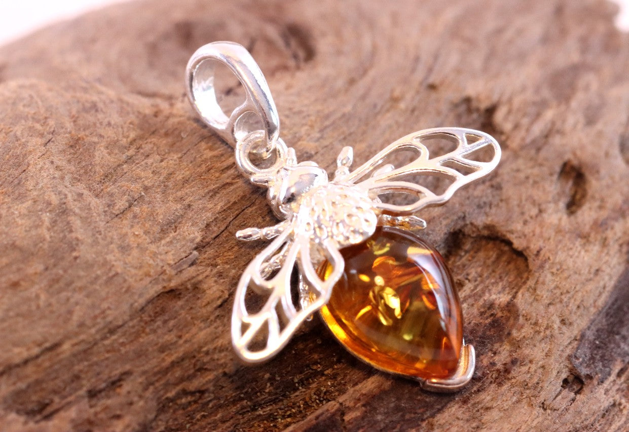 Christmas Gift Baltic Amber on Sterling Silver Bee Pendant