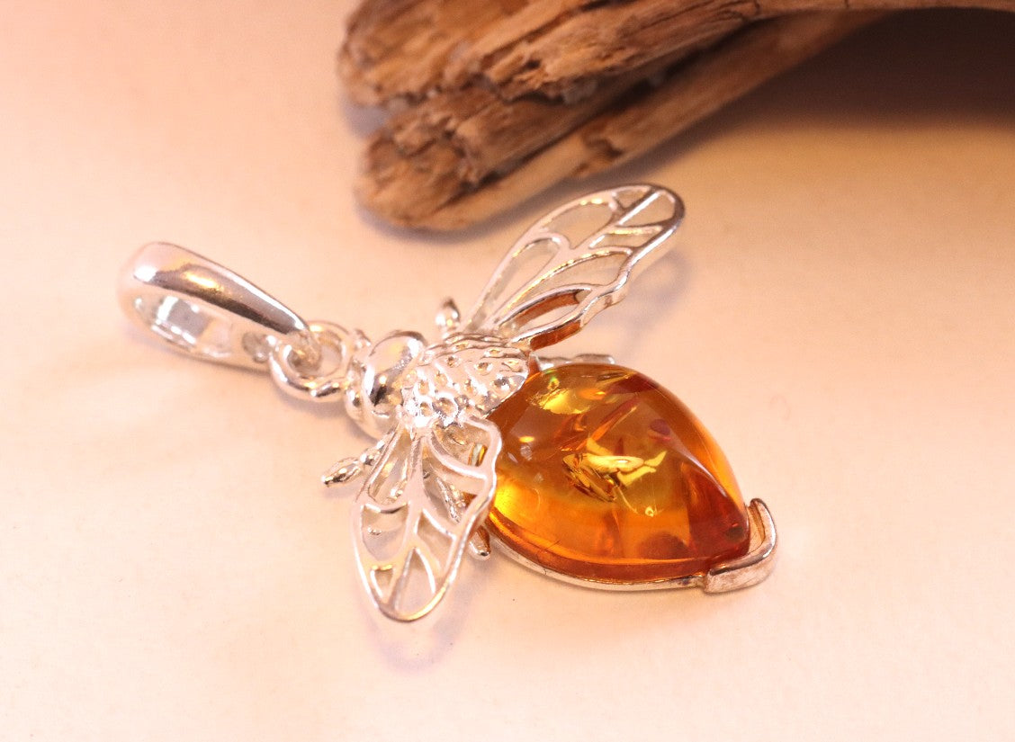 Christmas Gift Baltic Amber on Sterling Silver Bee Pendant