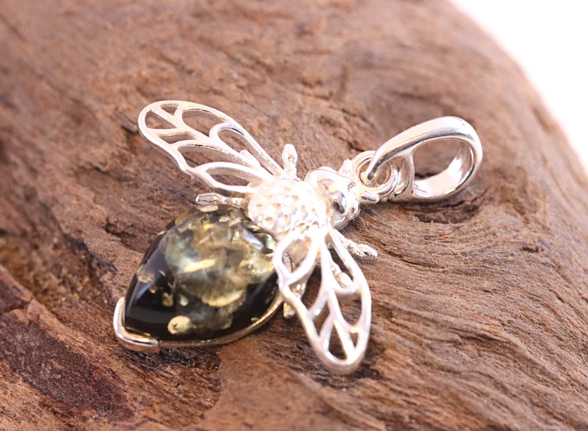 Christmas Gift Baltic Amber on Sterling Silver Bee Pendant