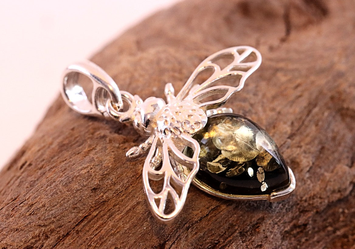 Christmas Gift Baltic Amber on Sterling Silver Bee Pendant