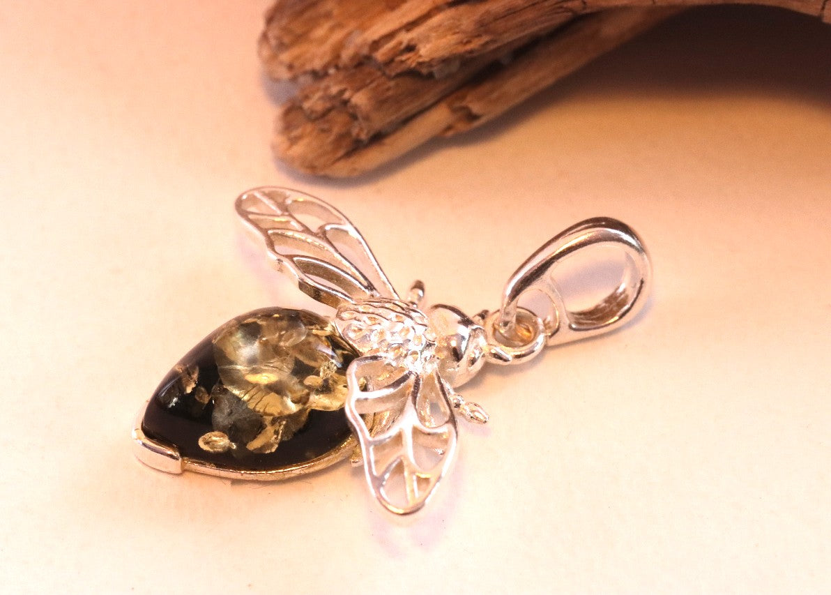 Christmas Gift Baltic Amber on Sterling Silver Bee Pendant