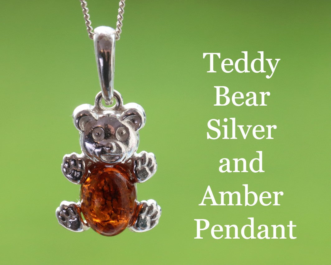 Cute Teddy Bear Amber Pendant On Sterling Silver