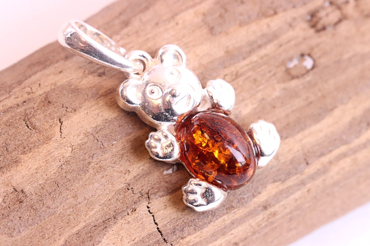 Cute Teddy Bear Amber Pendant On Sterling Silver