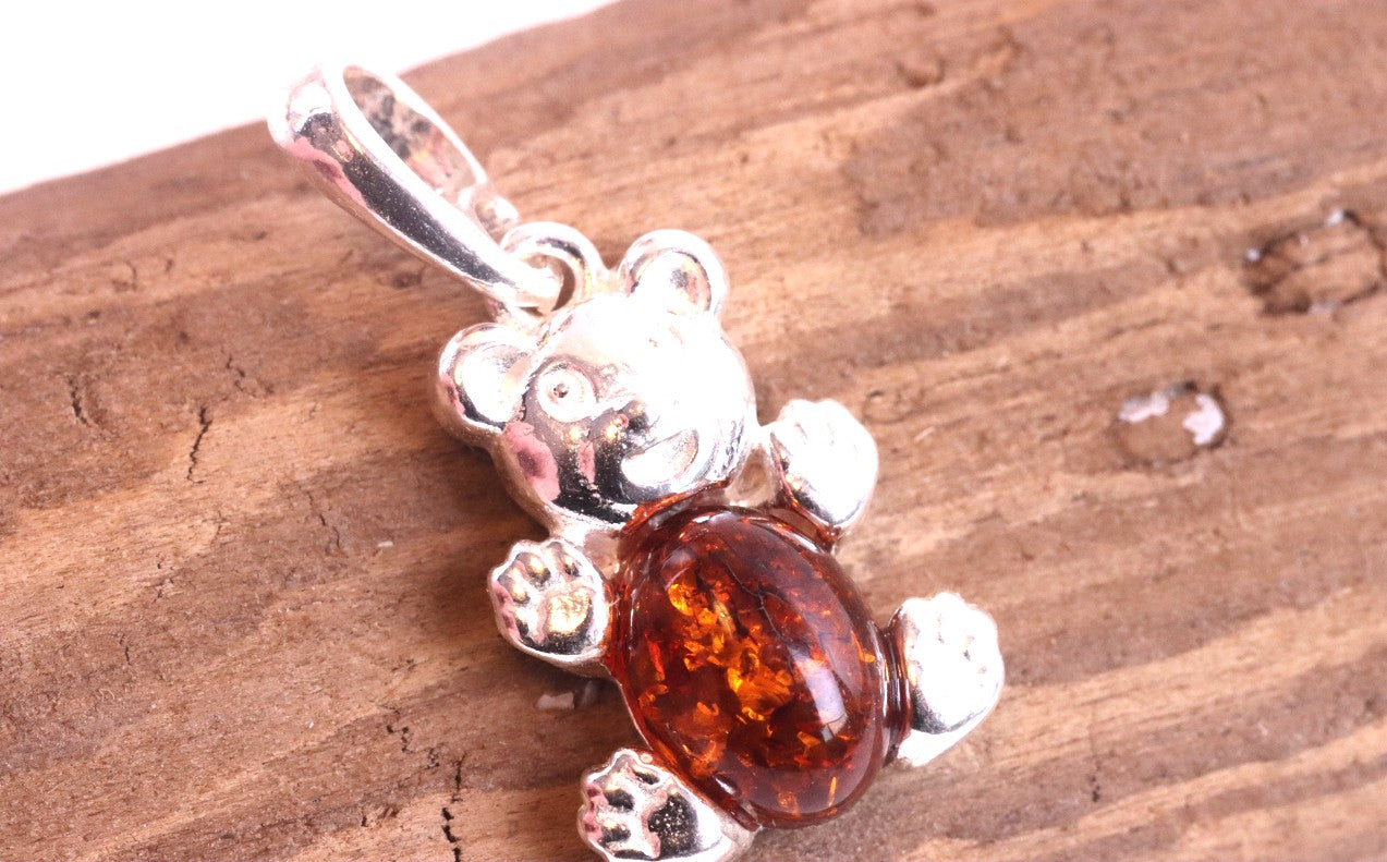 Cute Teddy Bear Amber Pendant On Sterling Silver