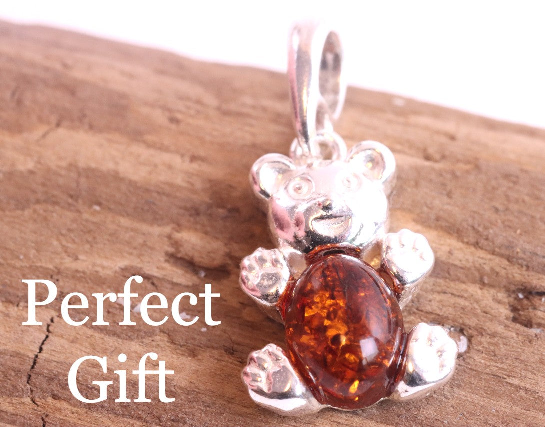 Cute Teddy Bear Amber Pendant On Sterling Silver