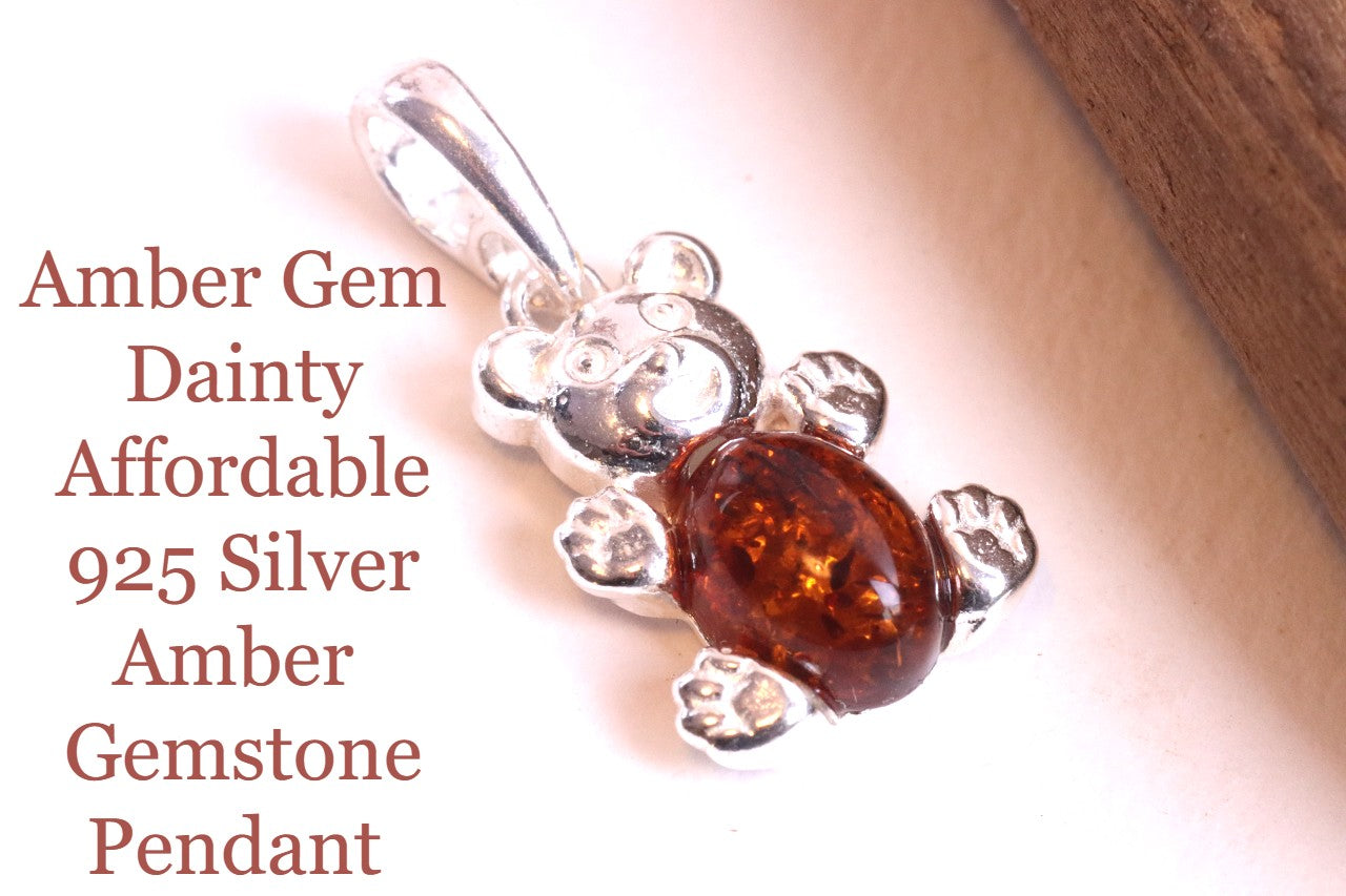 Cute Teddy Bear Amber Pendant On Sterling Silver