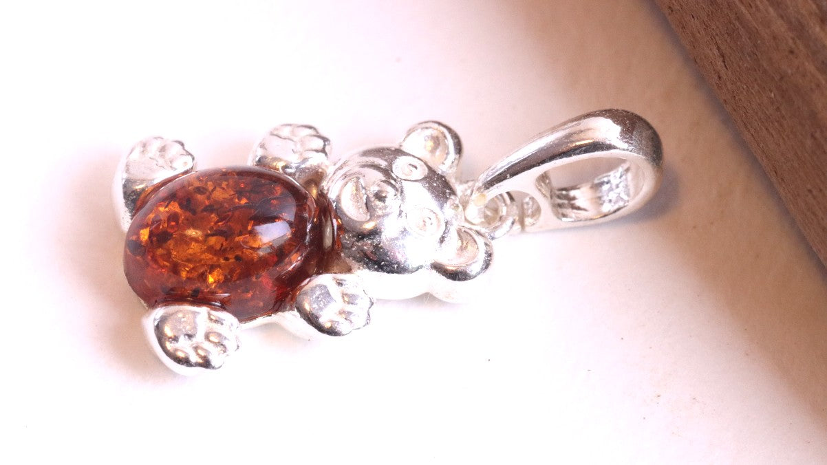 Cute Teddy Bear Amber Pendant On Sterling Silver