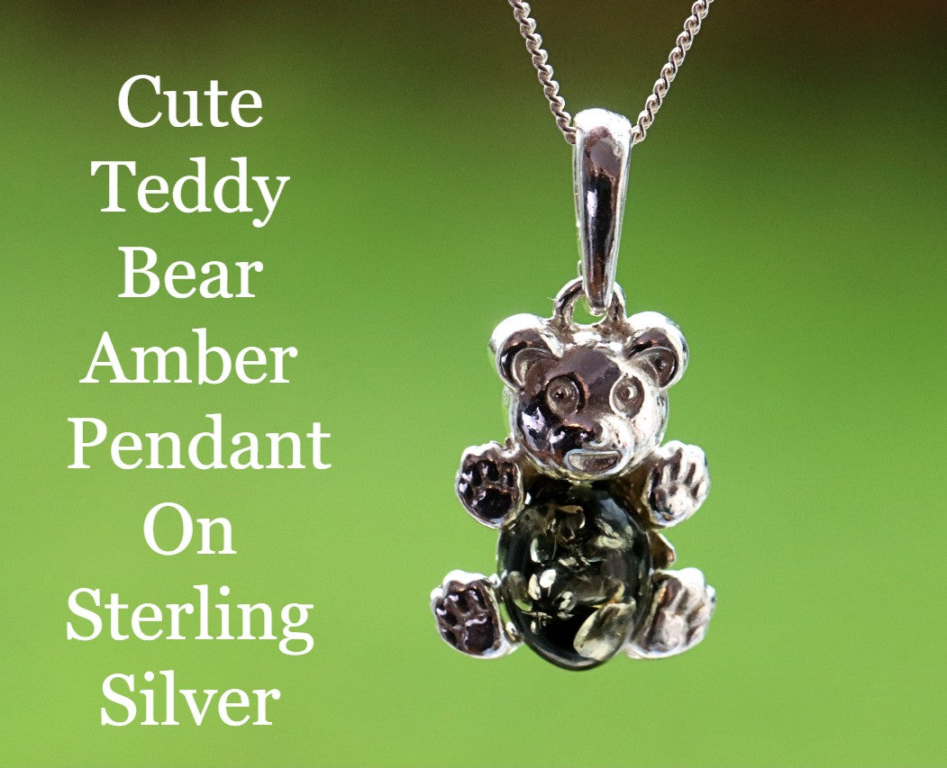 Cute Green Teddy Bear Amber Pendant On Sterling Silver