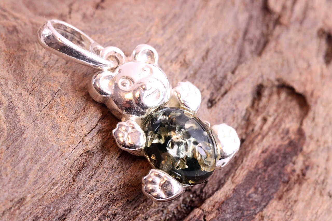 Cute Green Teddy Bear Amber Pendant On Sterling Silver