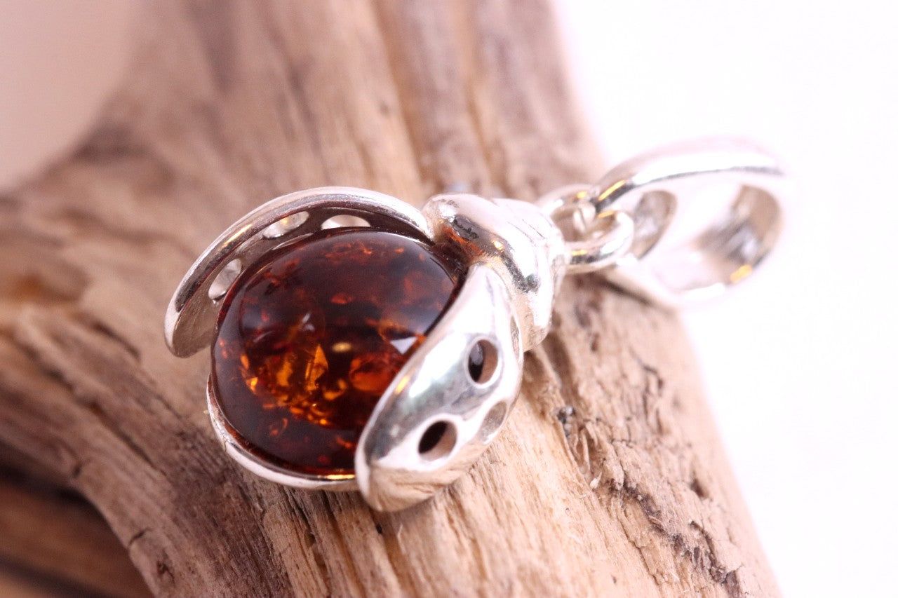 Ladybugs Amber Pendant On Sterling Silver