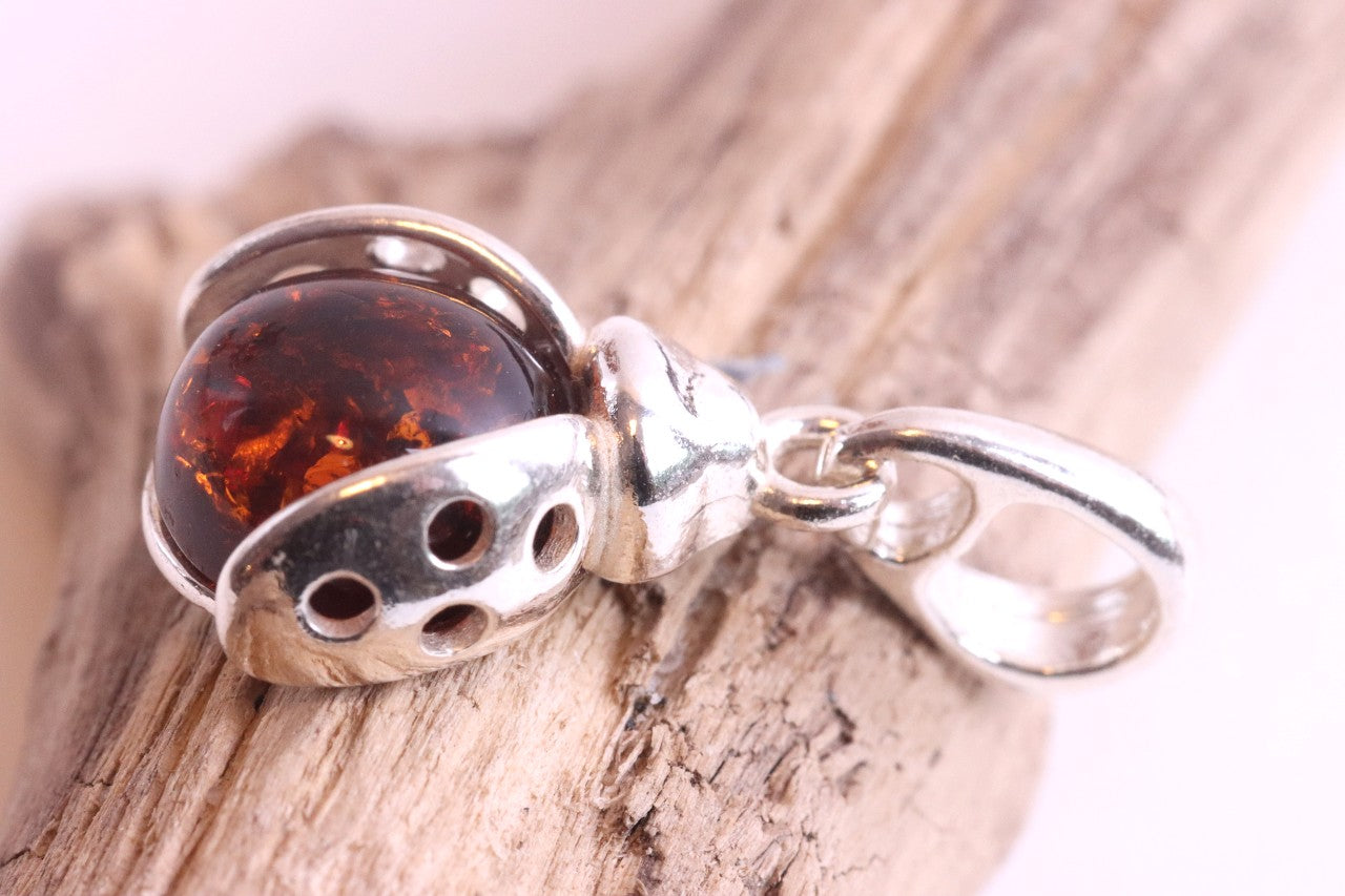 Ladybugs Amber Pendant On Sterling Silver