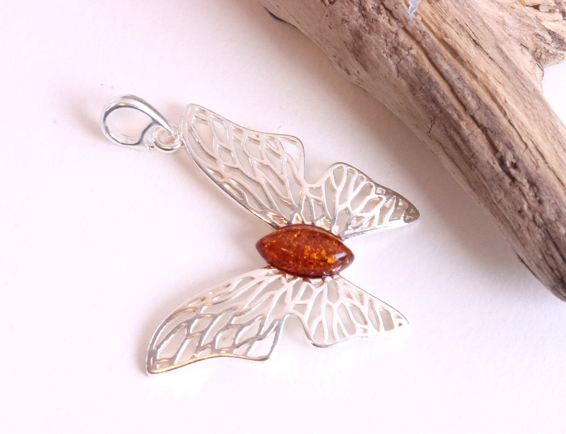 Handmade Sterling Silver Butterfly Amber Pendant