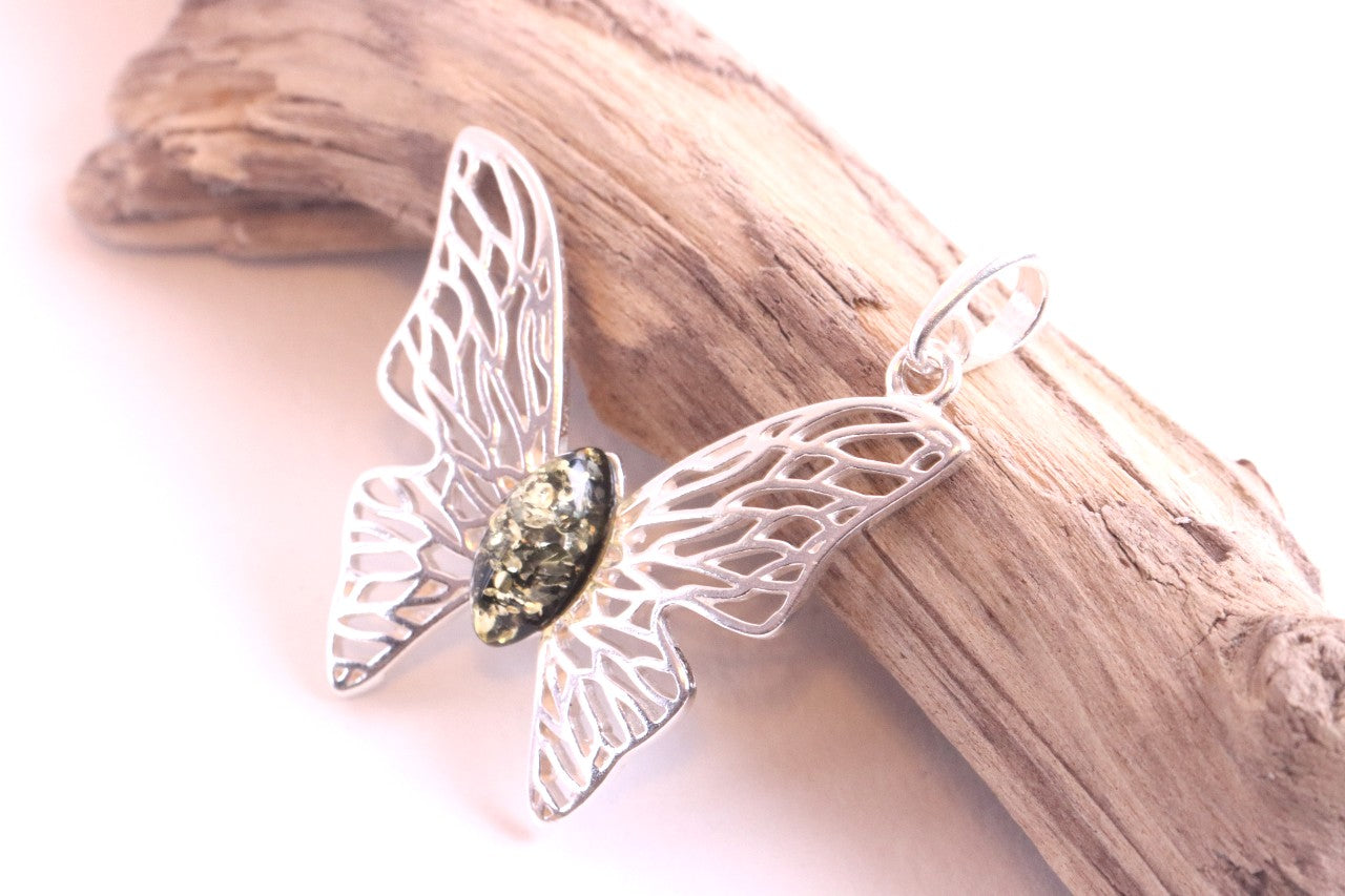 Handmade Sterling Silver Butterfly Amber Pendant