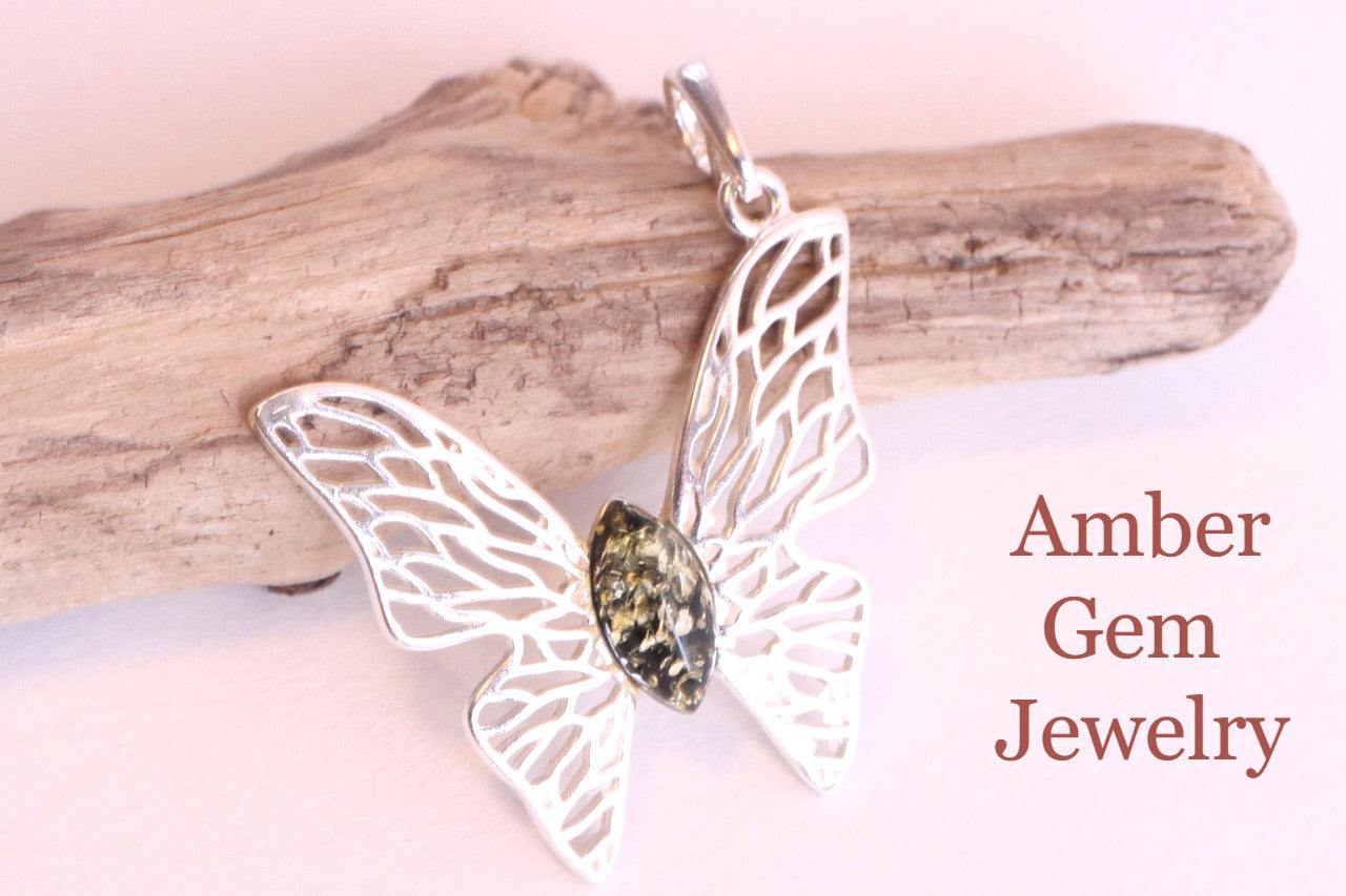 Handmade Sterling Silver Butterfly Amber Pendant