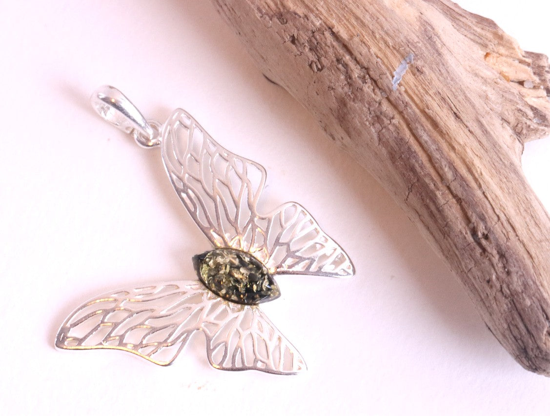 Handmade Sterling Silver Butterfly Amber Pendant