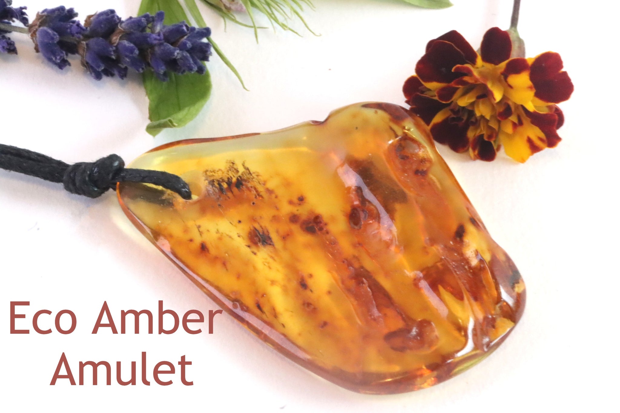 Natural Handmade Amber Amulet Pendant / Tumbled Gemstone Amulet on adjustable cord