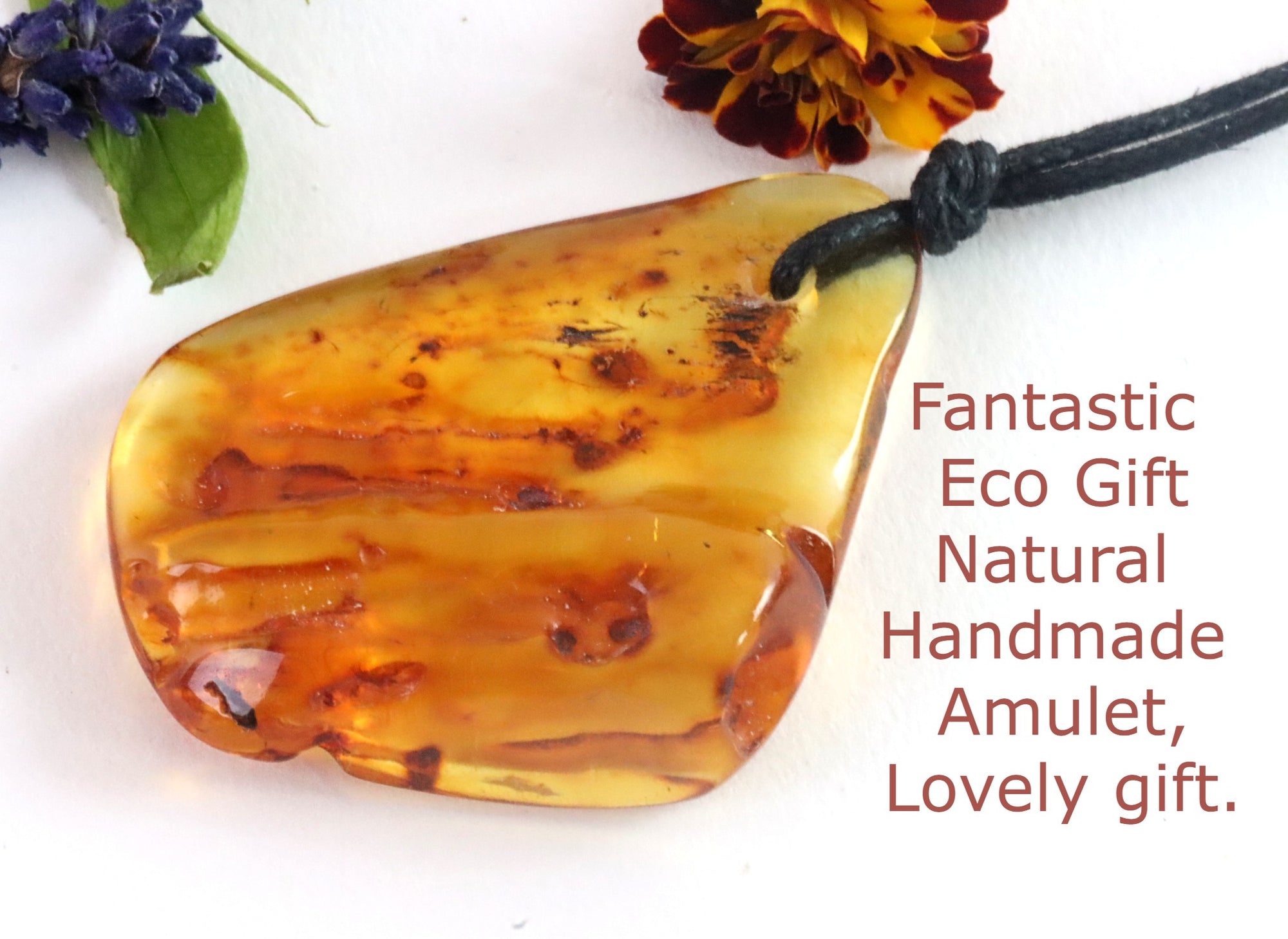 Natural Handmade Amber Amulet Pendant / Tumbled Gemstone Amulet on adjustable cord