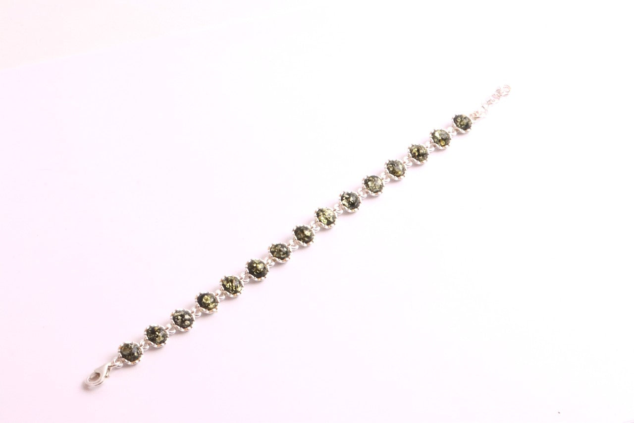 Sterling Silver Link Bracelet with Green Baltic Amber