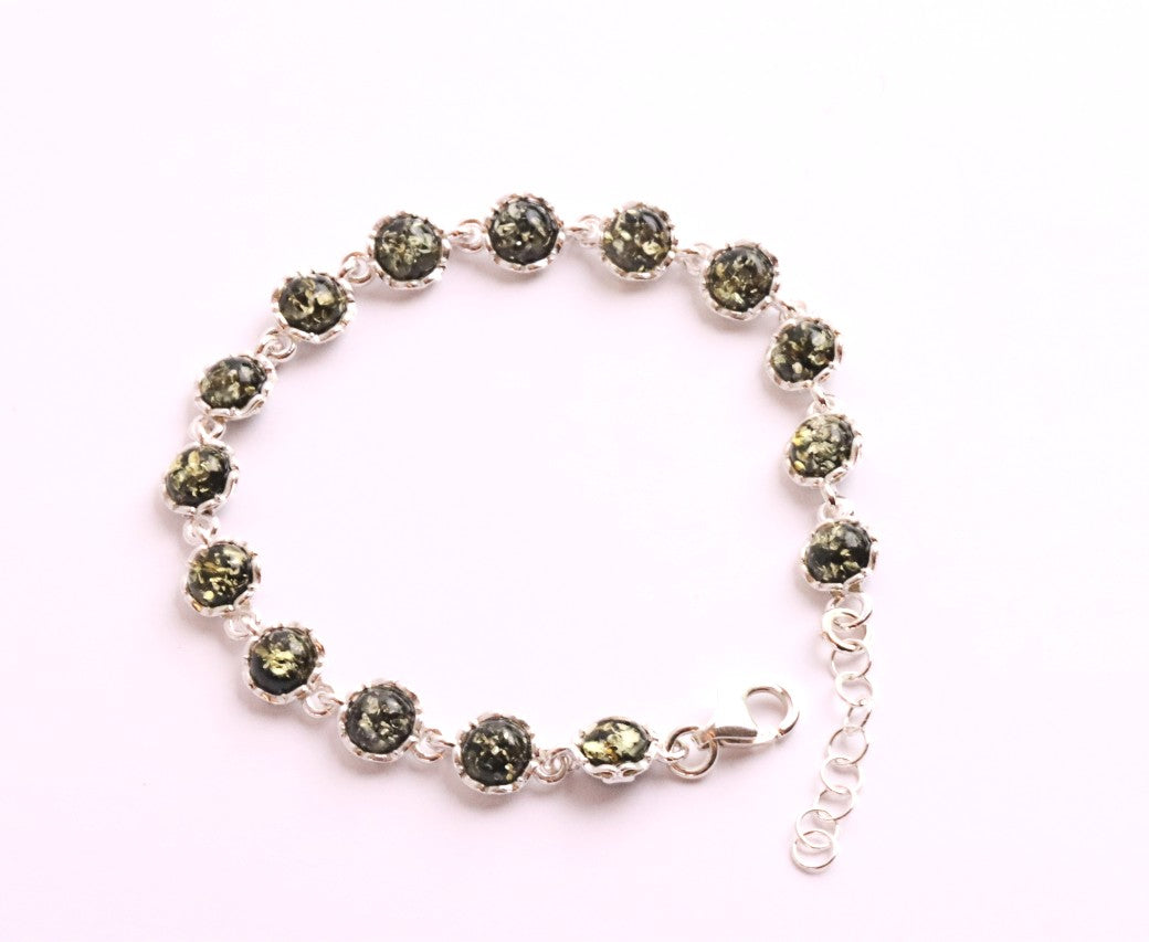Sterling Silver Link Bracelet with Green Baltic Amber