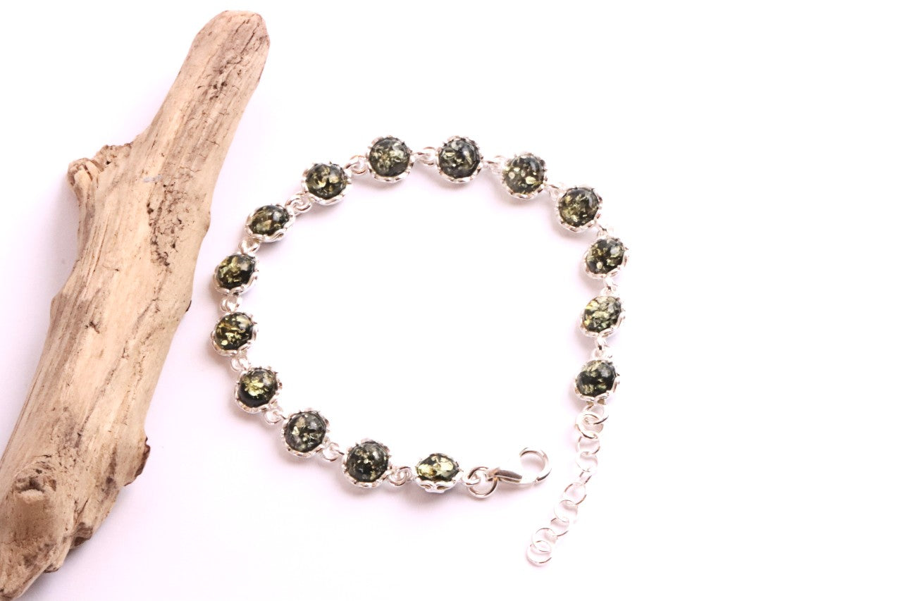 Sterling Silver Link Bracelet with Green Baltic Amber
