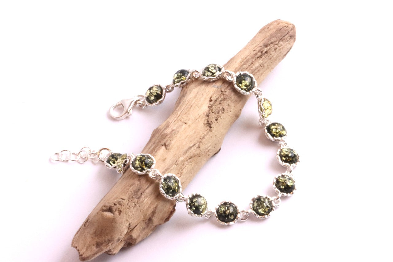 Sterling Silver Link Bracelet with Green Baltic Amber