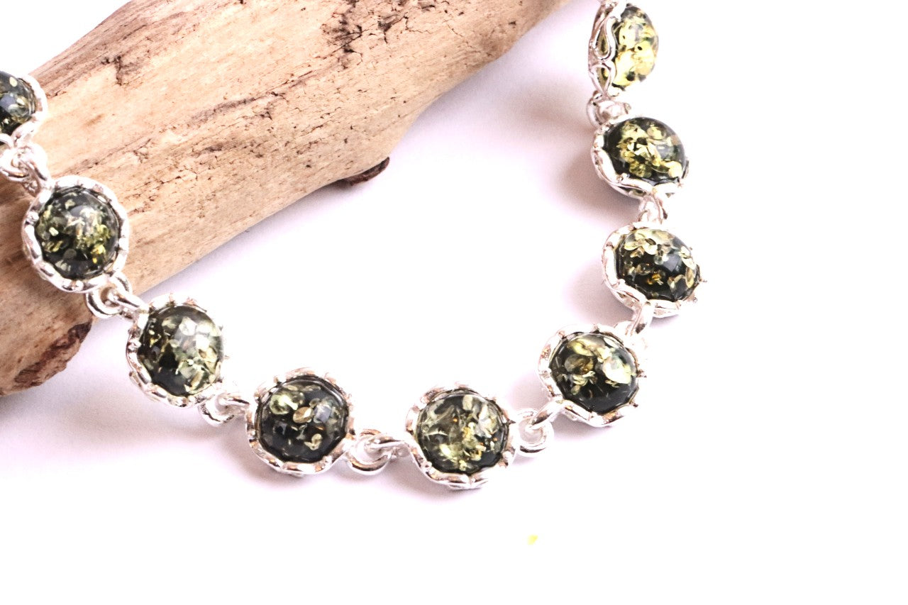 Sterling Silver Link Bracelet with Green Baltic Amber