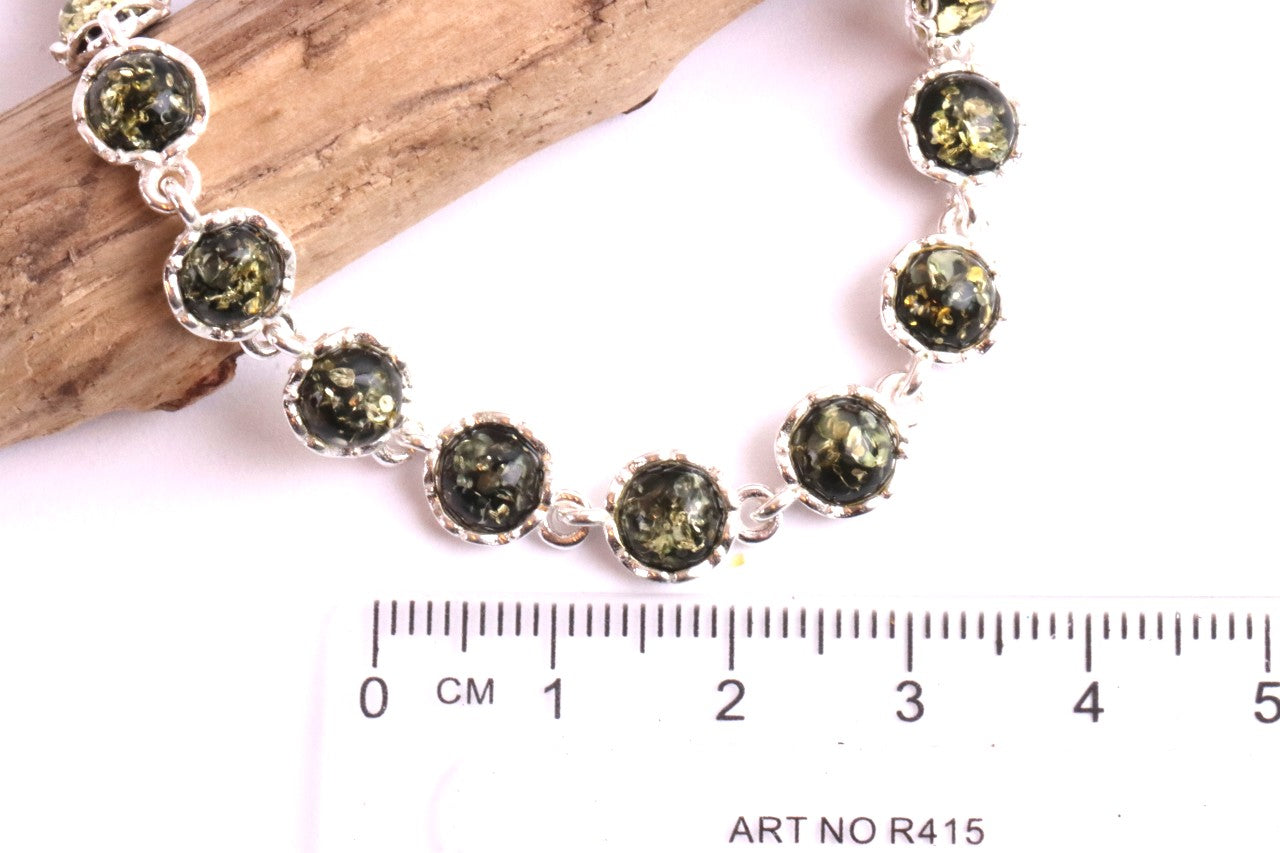 Sterling Silver Link Bracelet with Green Baltic Amber