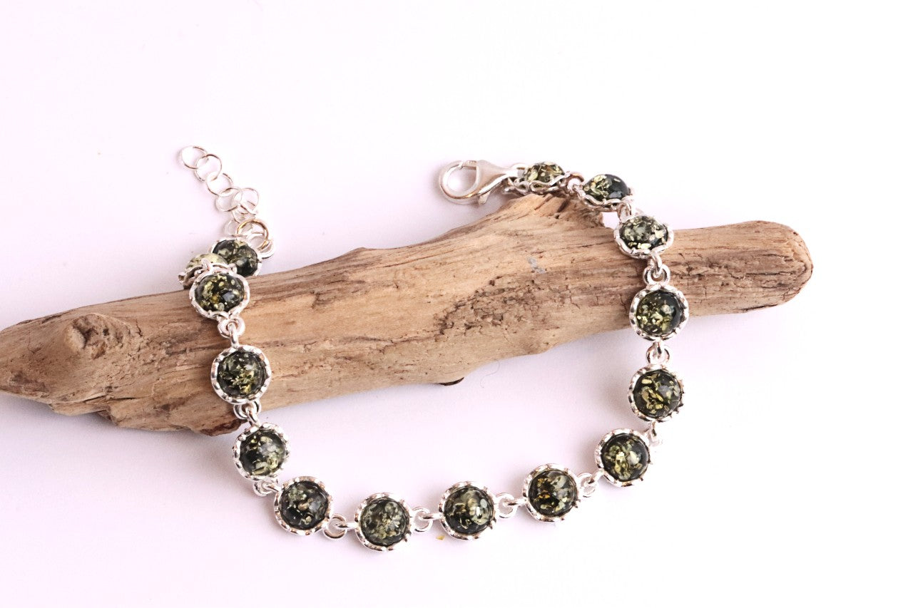 Sterling Silver Link Bracelet with Green Baltic Amber
