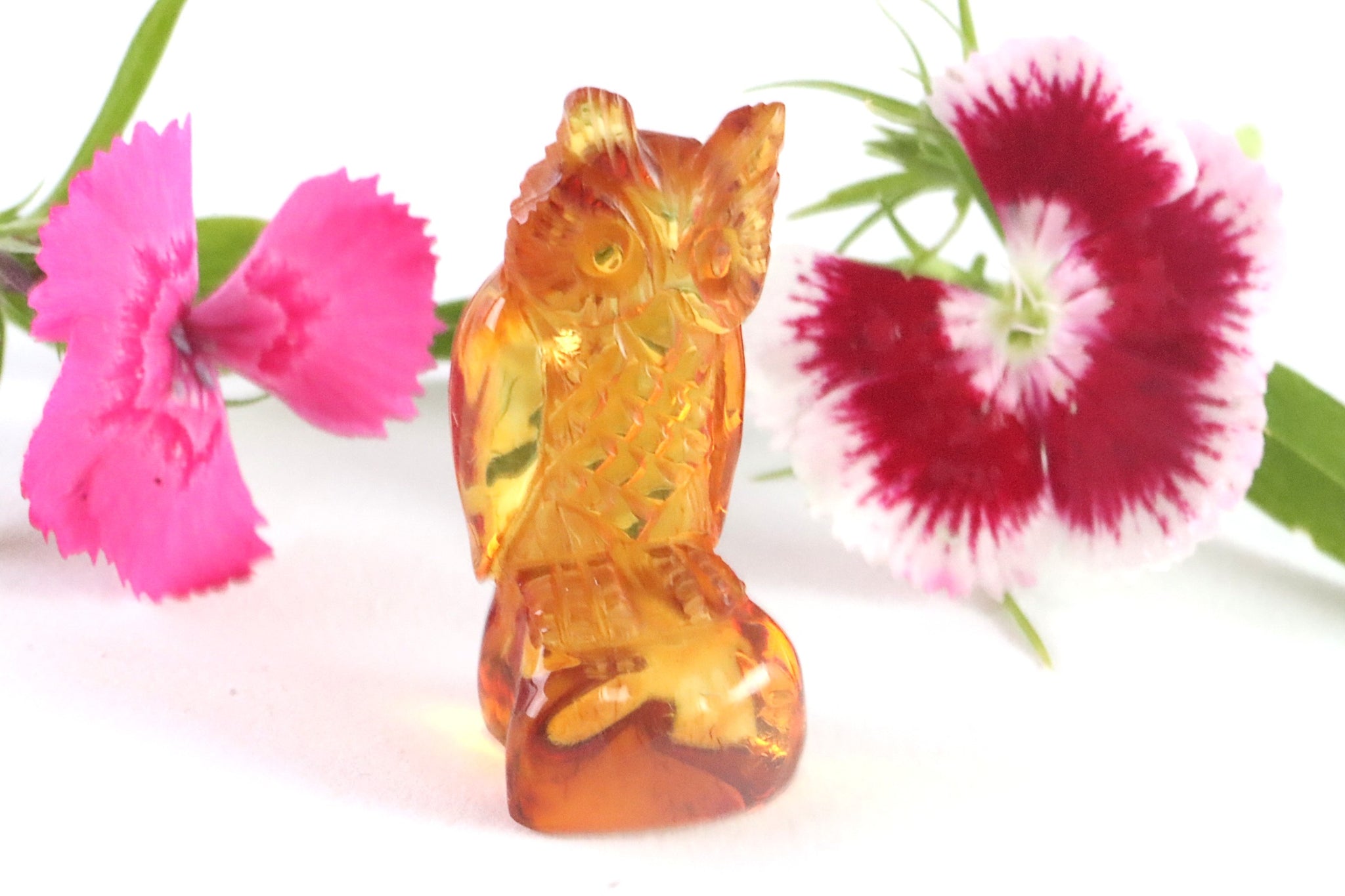 Unique Owl Figurine of Hand Carved Amber Gemstone