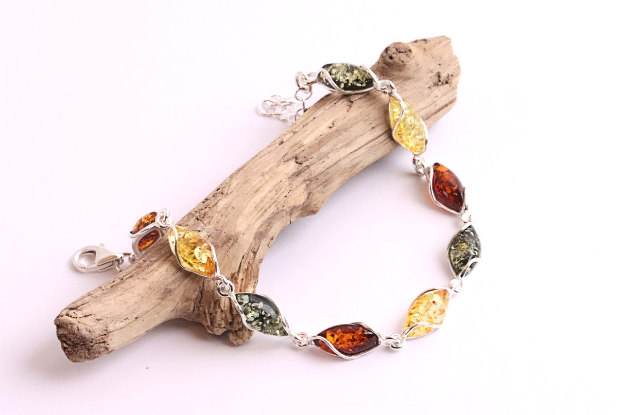 Quality Silver and multi Colour Amber Gemstone Bracelet